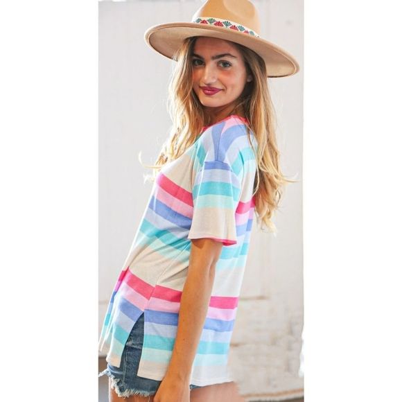 Fuchsia Blue Multi Color Stripe Key Hole Top - Picture 3 of 7